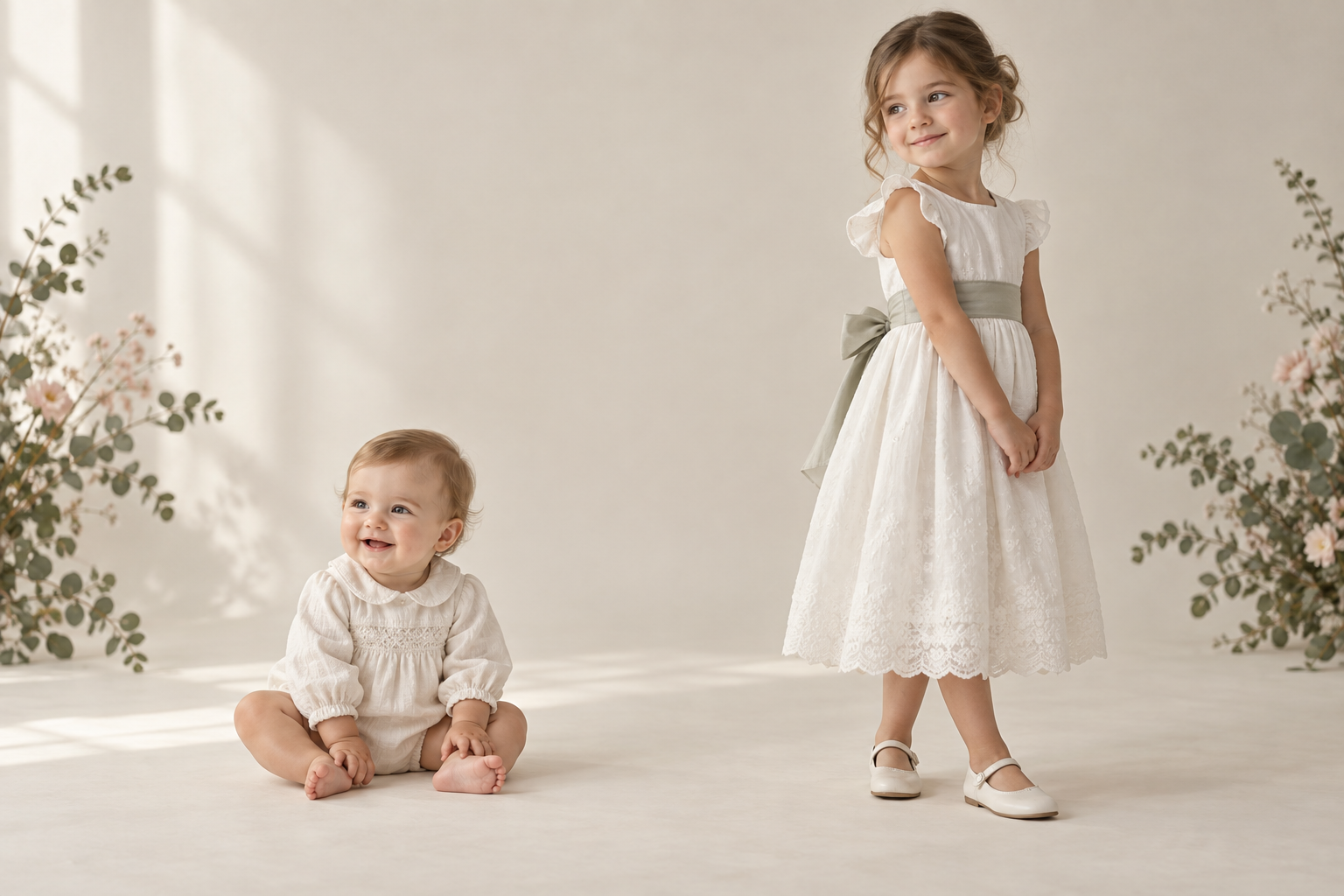Bébé en tenue ivoire et enfant en robe blanche de cérémonie
